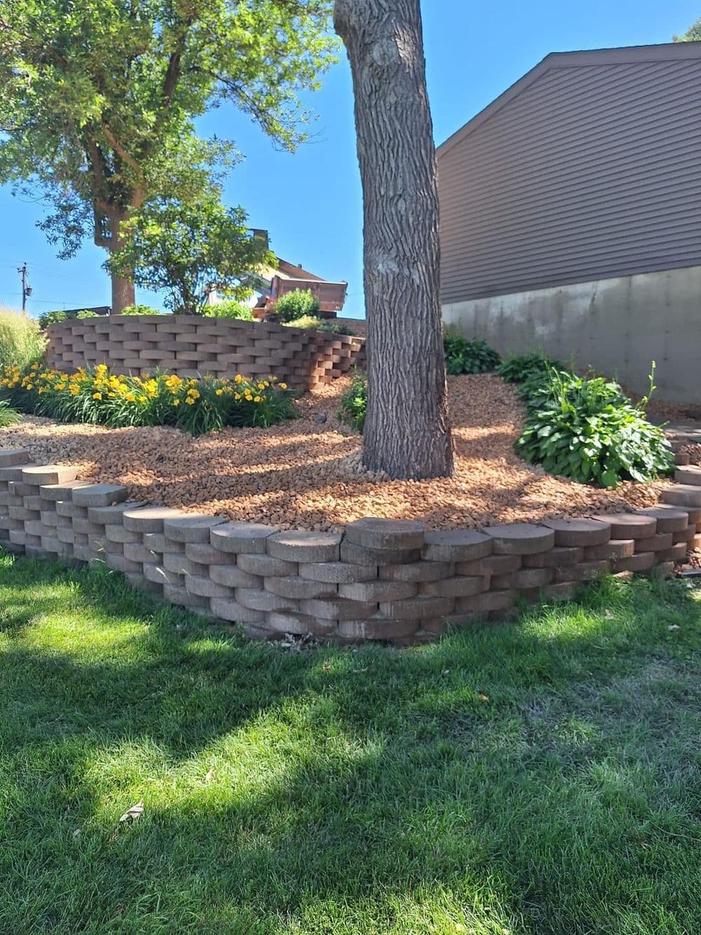 Terraced garden with stone walls, flowers, and a tree under a clear blue sky.